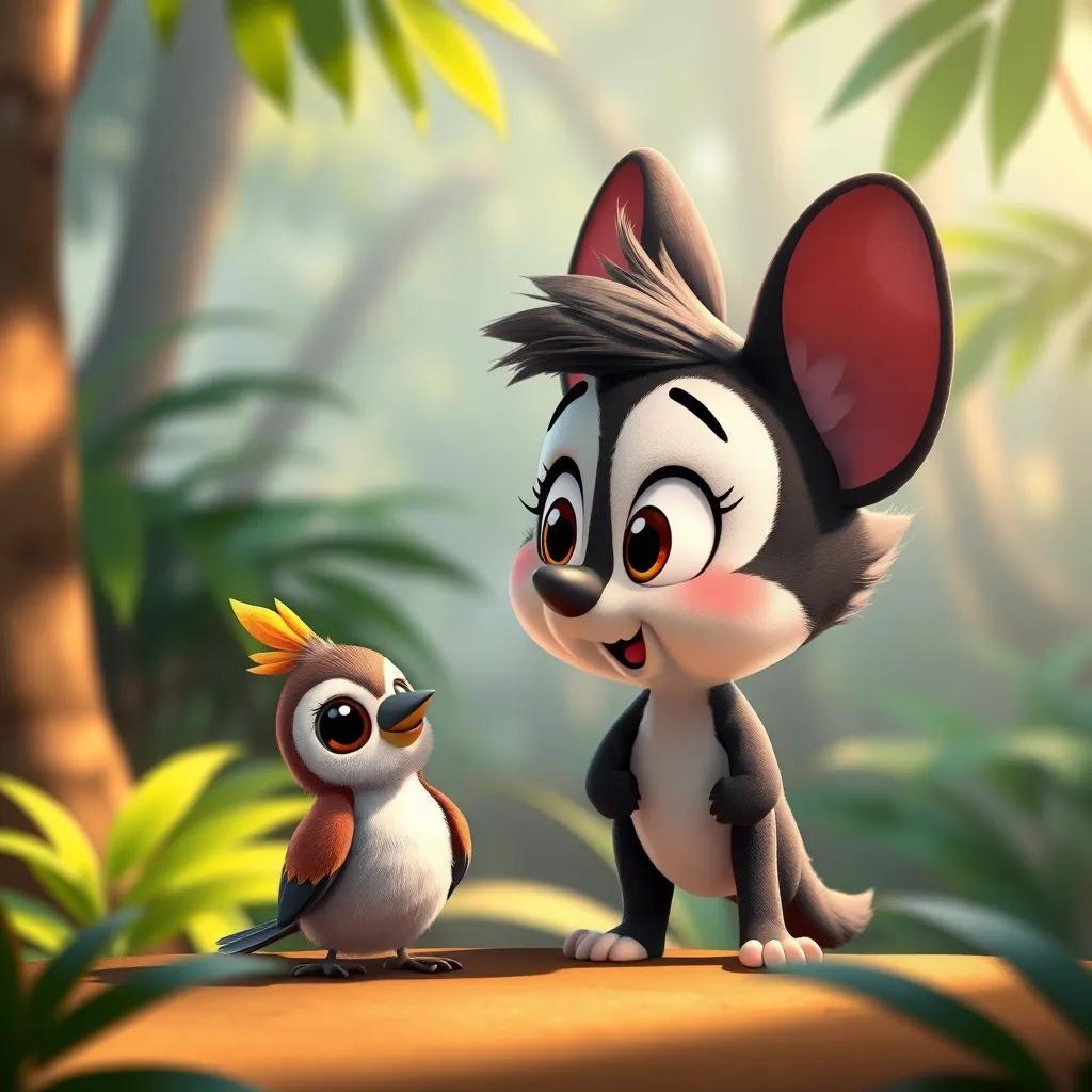 Mimo looking surprised as he sees his friend Tutu, a small bird, with cheerful colors and cute features, tropical forest background, warm light, heartwarming moment, high quality