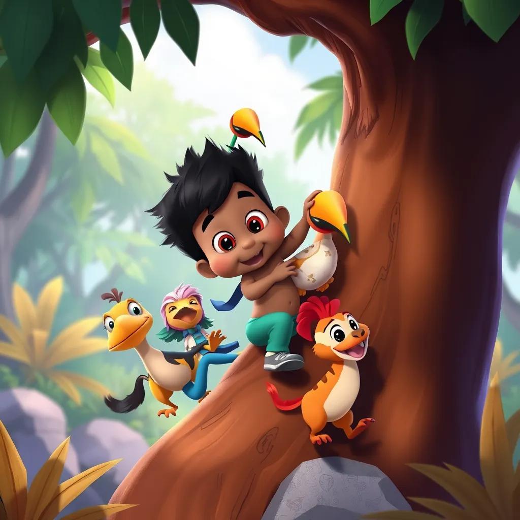 Mimo and his friends, Tutu the bird and other jungle animals, climbing together down the tree in a fun and playful scene, colorful jungle environment, friendly, fun, detailed illustration