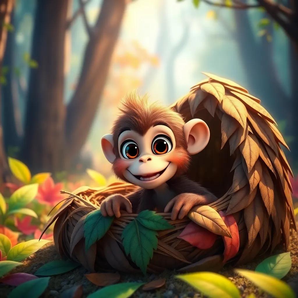 A playful monkey named Qardi, with brown fur and bright eyes, getting out of a cozy nest made of leaves in a colorful forest, morning light, cheerful atmosphere, playful, high quality