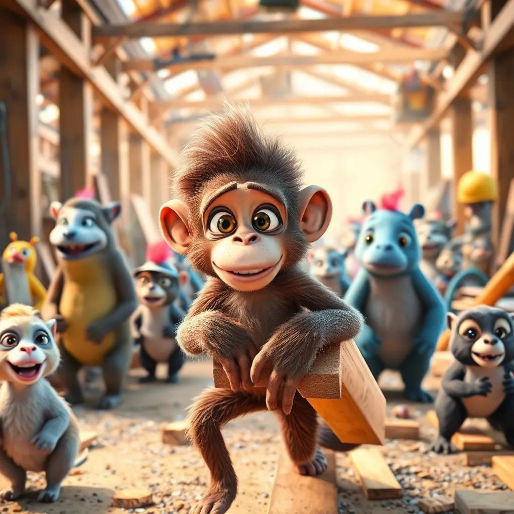 Qardi, a busy monkey with brown fur, carrying wooden planks in a bustling construction site, surrounded by friendly animals working together, colorful, bright daylight, collaborative spirit, high quality