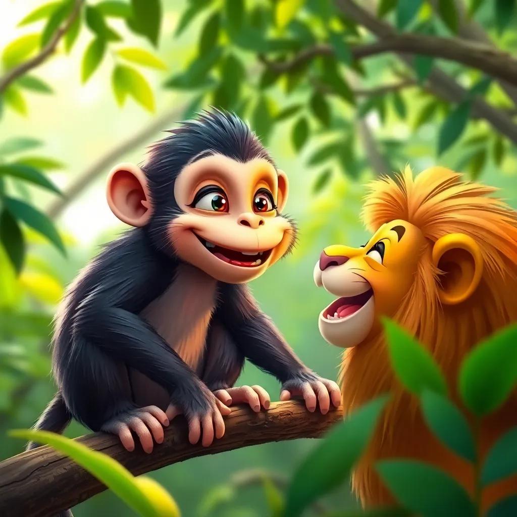 A monkey, a young Arab monkey, with playful eyes and a big smile, sitting on a branch in a green forest, laughing and talking with a lion, digital art, cheerful colors, bright atmosphere, high quality