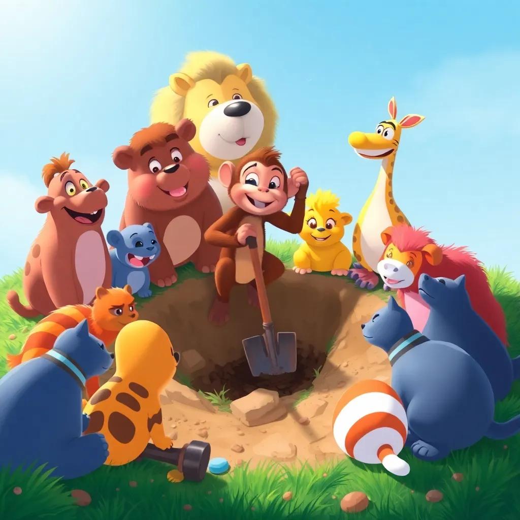 Animals gathered around a small pit, digging together, the monkey with a shovel, everyone working happily, bright blue sky, colorful scene, digital drawing, teamwork theme