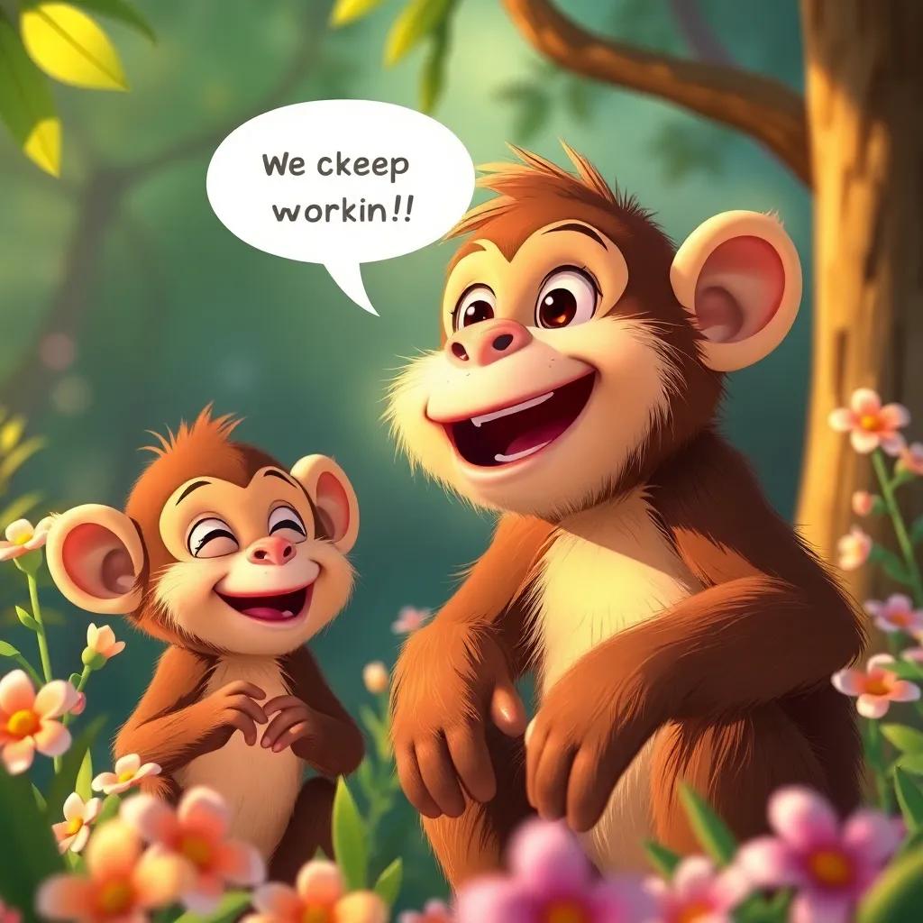 The monkey talking excitedly to his friends, encouraging them to keep working, cheerful expressions, with flowers and greenery around them, warm light, heartwarming illustration, fantasy