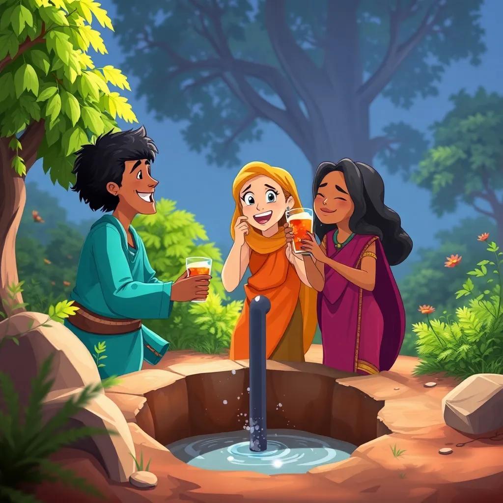 The friends celebrating happily by the newly dug well, water sparkling, drinking joyfully, joy on their faces, surrounded by trees and bushes, vibrant colors, uplifting scene