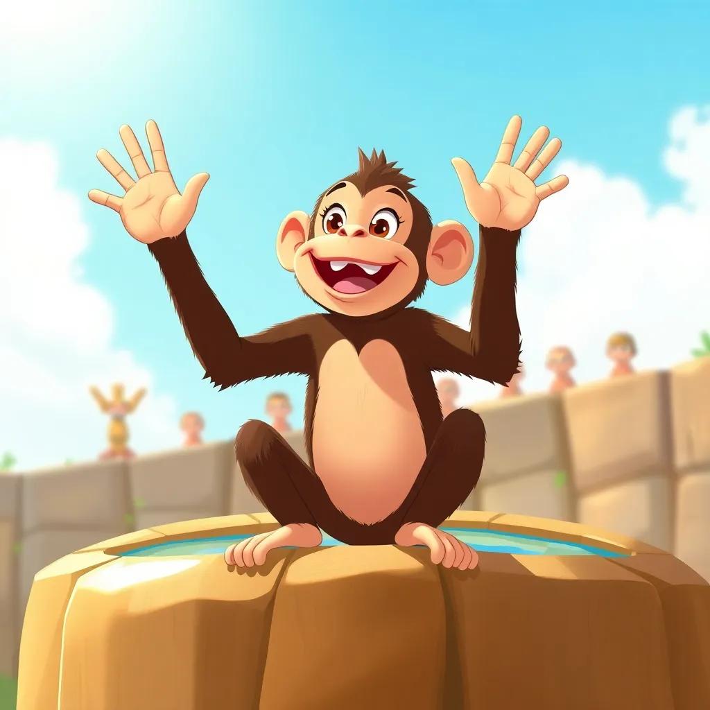 The monkey sitting on the edge of the well, smiling and looking at his friends, holding his hands up in celebration, bright sunny sky, colorful and lively, child-friendly illustration