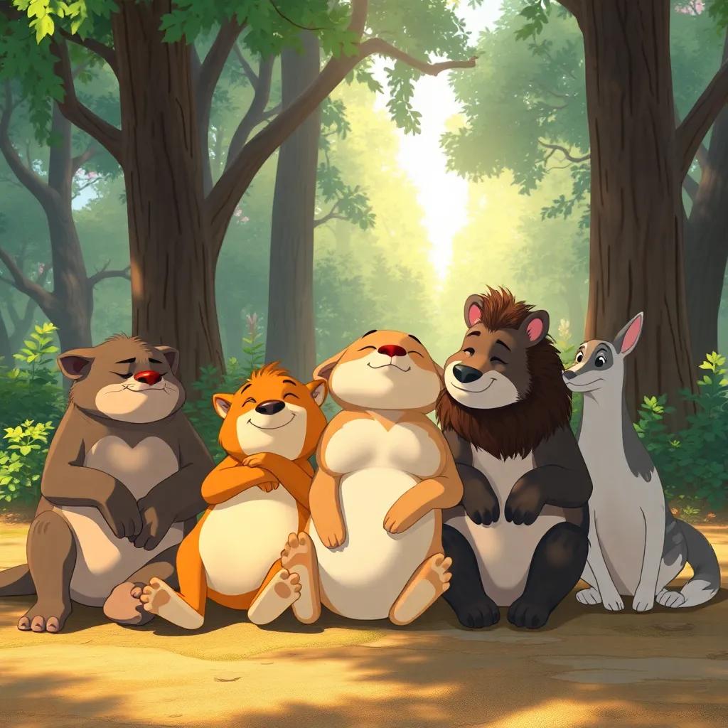 Animals sitting together, exhausted but happy, reflecting on their teamwork, soft sunlight filtering through trees, warm and inviting colors, drawing of friendship