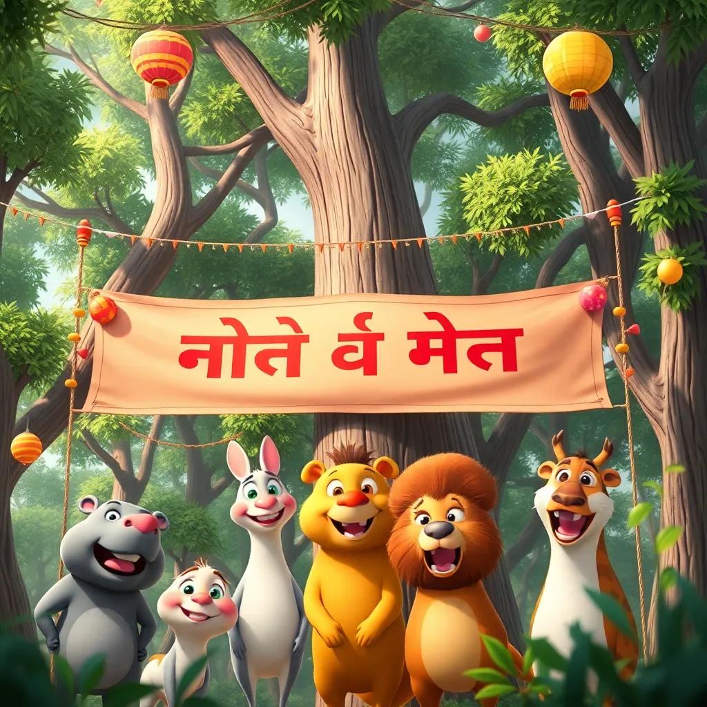 A big cheerful banner reading 'التعاون هو المفتاح' displayed among the trees, animals smiling under it, celebrating their achievement, colorful decorations, festive mood