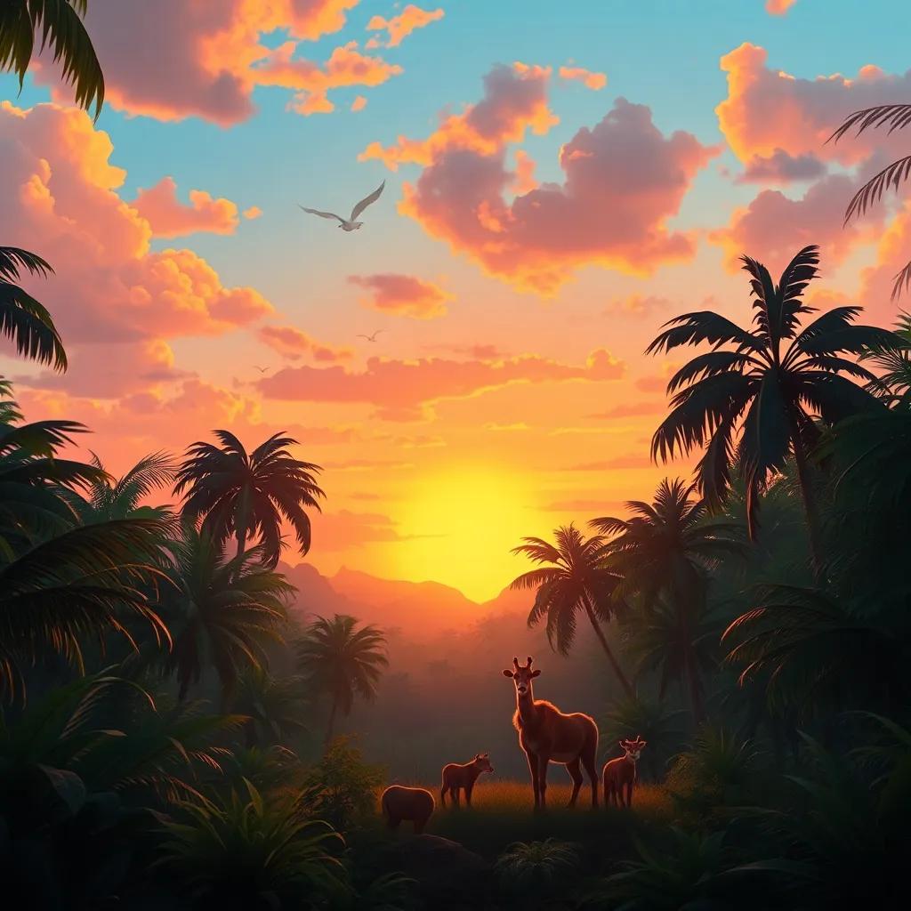 The jungle landscape at sunset, with animals returning home happily, colors blending beautifully in the sky, warm and comforting scene, magical touch, fantasy