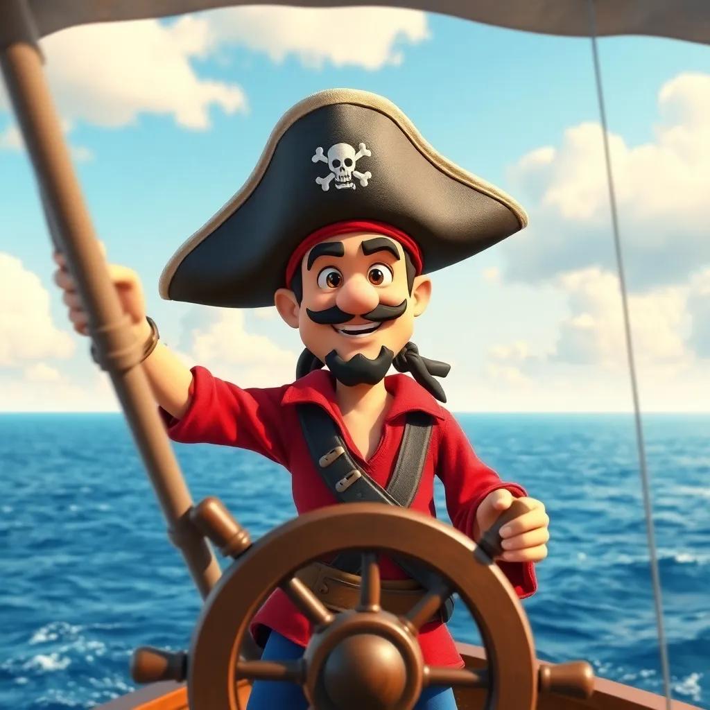 A brave pirate captain named Jack with a tricorn hat, wearing a red shirt and blue pants, standing at the helm of a ship against a vast sea, digital art, vibrant colors, adventurous atmosphere, high quality