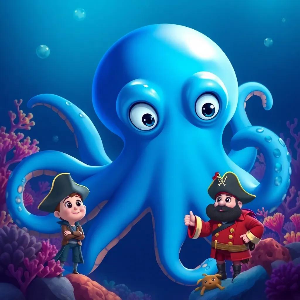 A giant, shiny blue octopus with wide eyes, floating in the deep ocean, encountering pirate captain Jack with a puzzled expression, colorful coral in the background, illustration, whimsical, friendly interaction, child-friendly