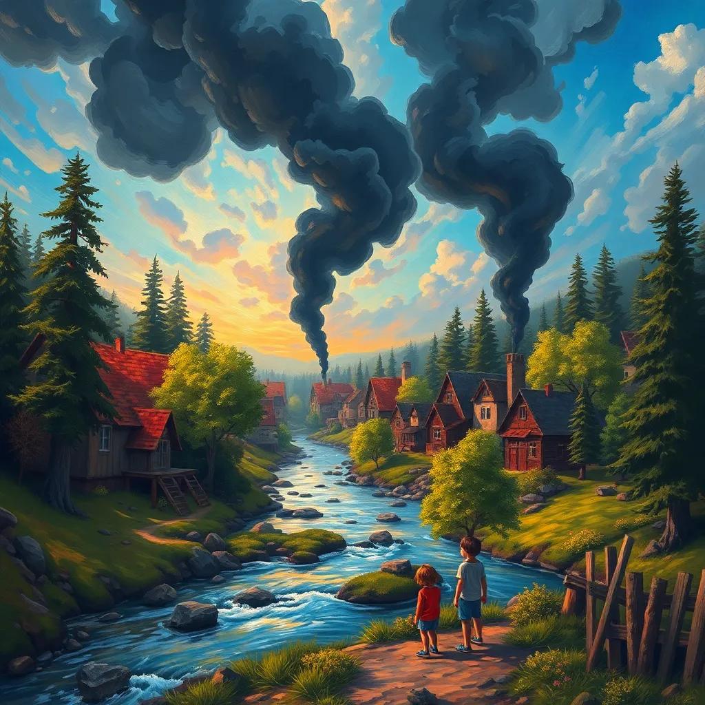 A beautiful village surrounded by tall trees and flowing rivers, children playing and looking up at the sky filled with thick black smoke, digital art, vibrant colors, warm atmosphere, high quality