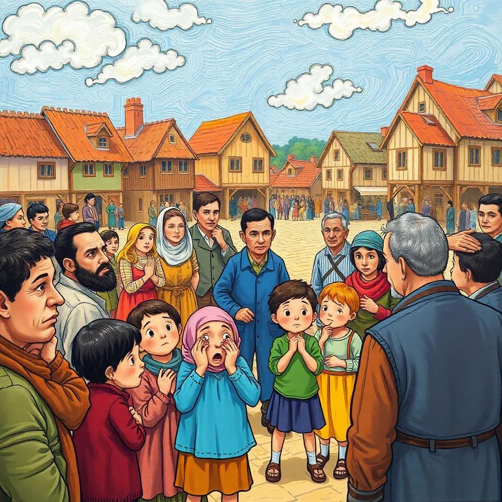 Villagers gathered in a large square, looking worried with bright expressions, children coughing while adults discuss, illustration, engaging and lively, child-friendly
