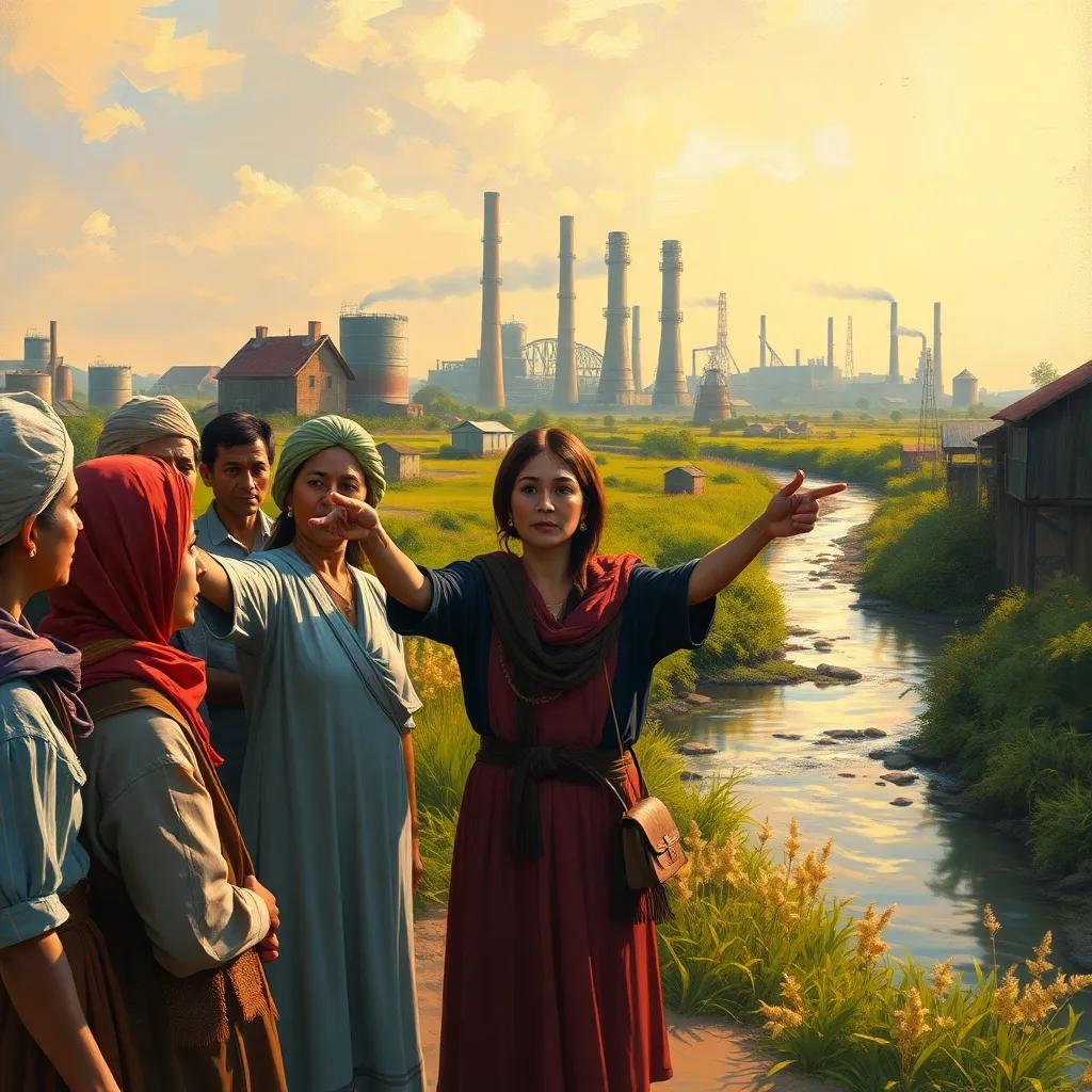 A group of villagers near a river, pointing towards the nearby factories, a woman expressing concern, digital painting, realistic, community spirit, warm light