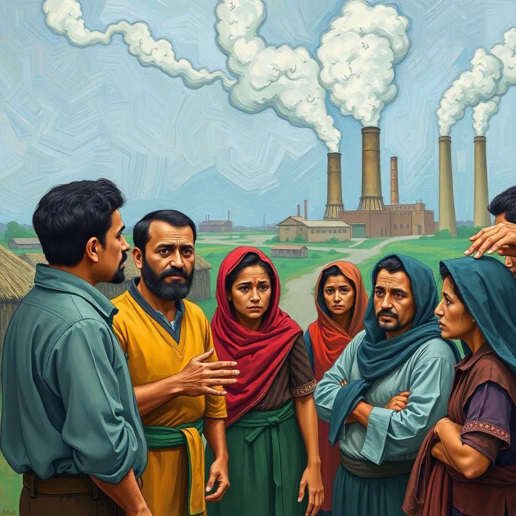 Villagers speaking to factory owners, showing determination, with worried expressions, factories in the background releasing smoke, digital art, empowering scene, balanced colors