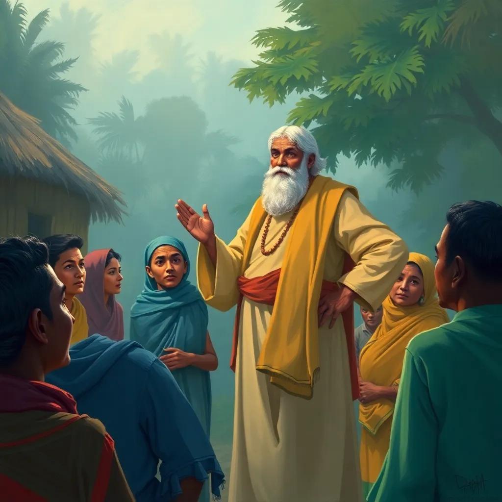 A wise man standing confidently, suggesting ideas to reduce pollution, villagers listening, with hopeful expressions, digital painting, inspiring imagery, soft lighting