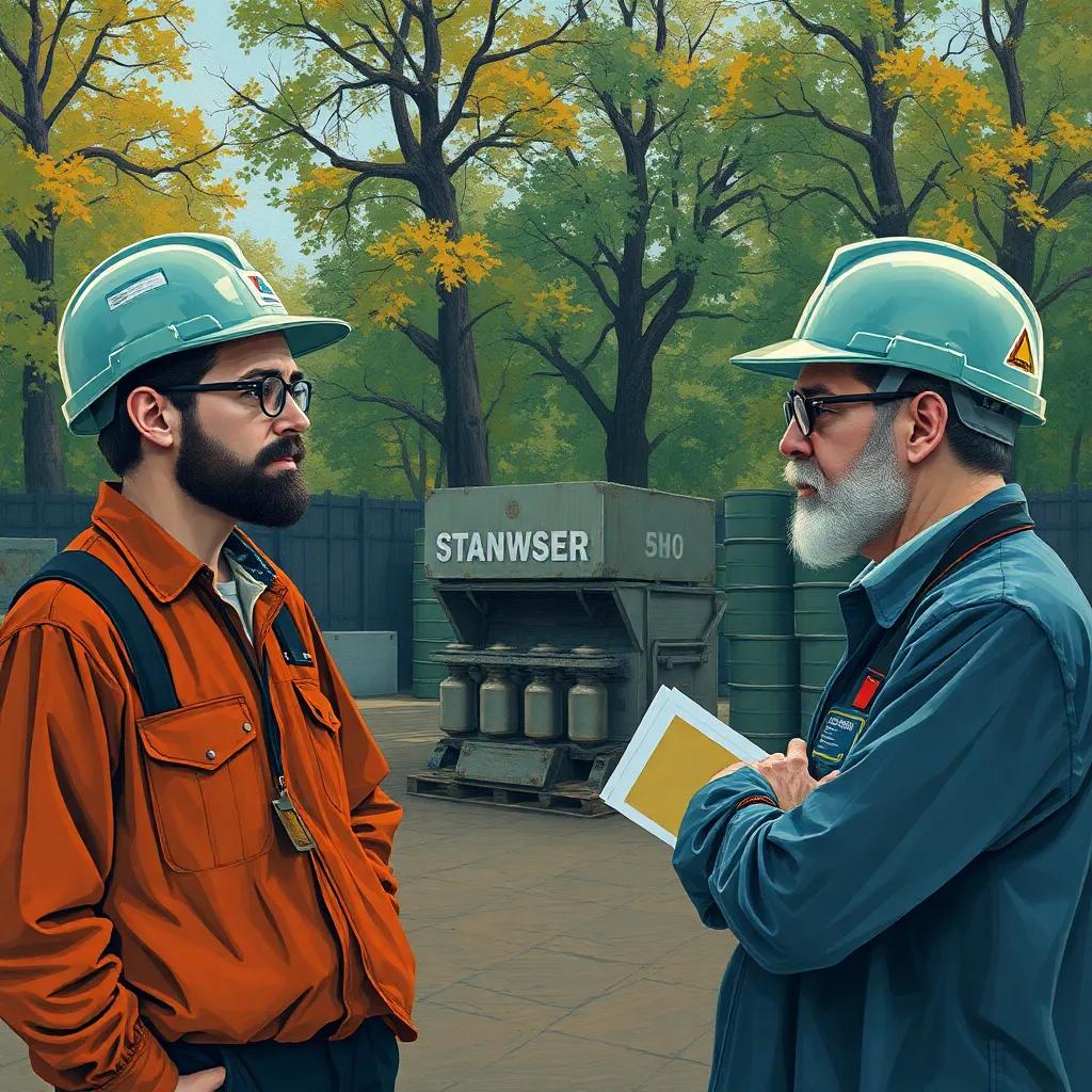Factory owners looking thoughtful, discussing with each other with trees and filters in the backdrop, digital art, realistic, collaborative atmosphere