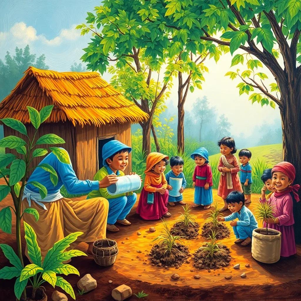 Villagers installing filters and planting trees, everyone working together happily, colorful, light shining through trees, child-friendly illustration
