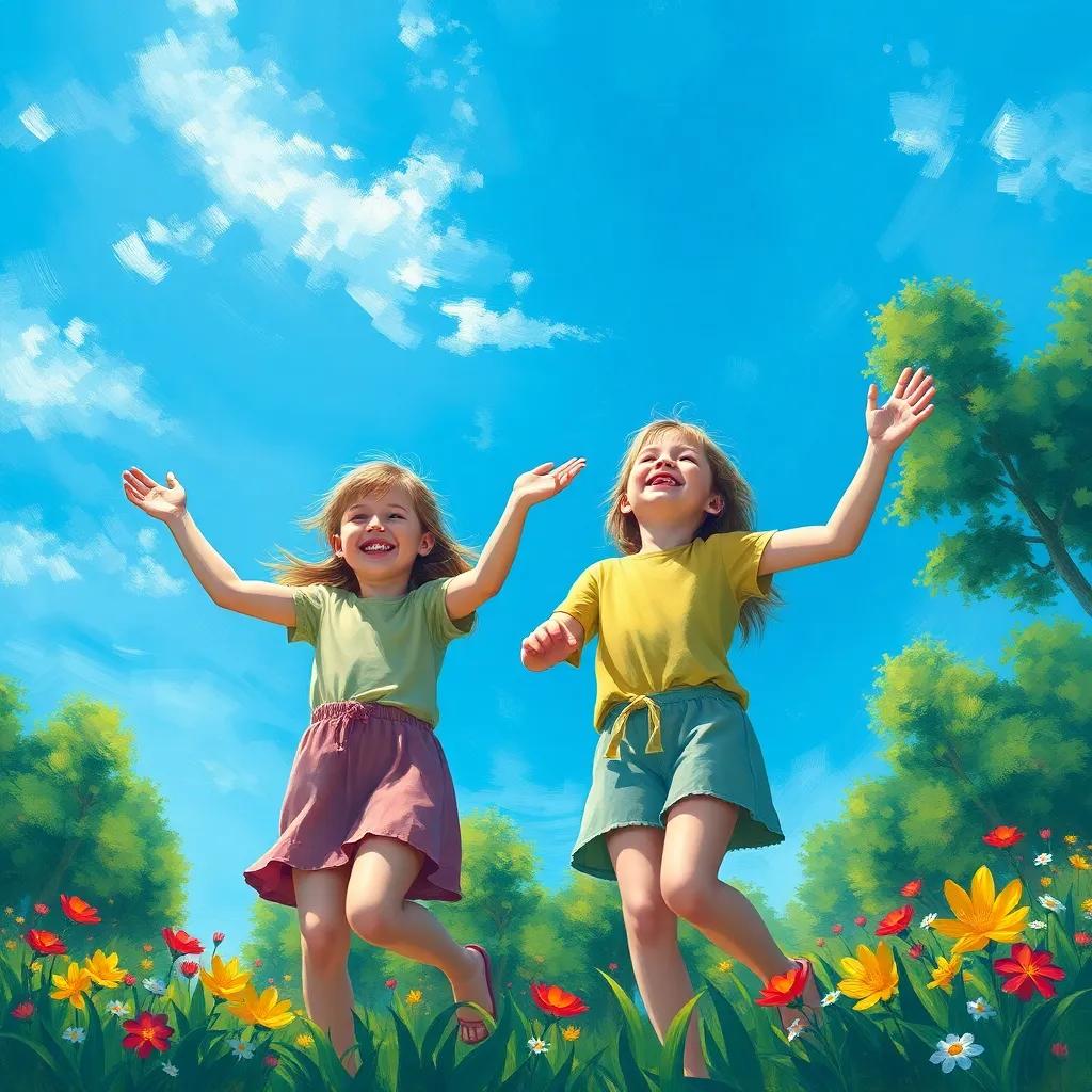 Children looking up at the clear blue sky, dancing with joy, surrounded by trees and flowers, vibrant colors, cheerful mood, digital painting