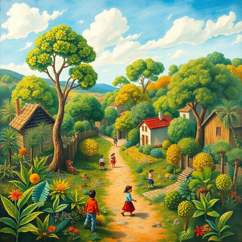 A village filled with lush plants and trees, children playing, clear sky overhead, conveying peace and harmony, vibrant, playful illustration
