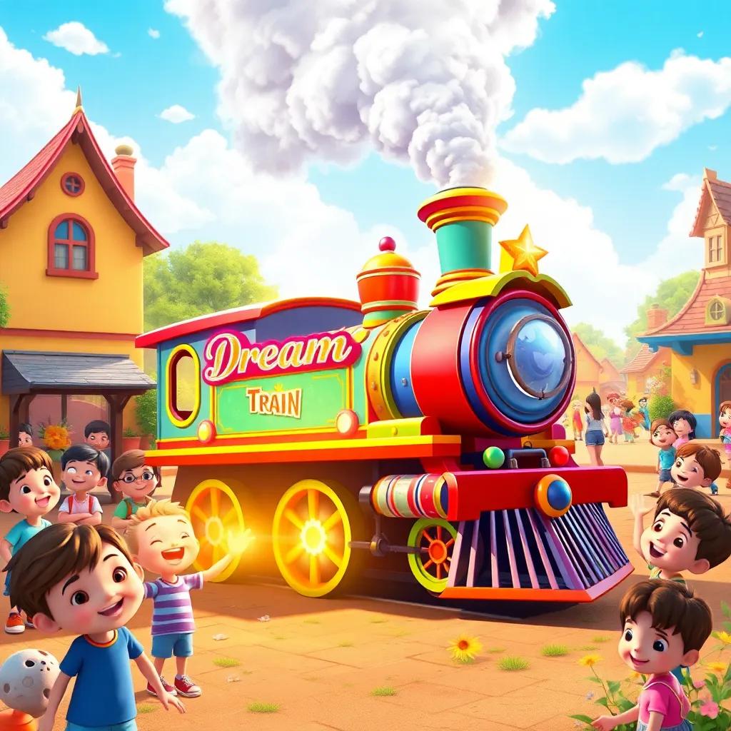 A magical train called "Dream Train" with vibrant colors and fun sounds, parked in a bright sunny village, surrounded by children filled with joy, digital art, colorful and cheerful atmosphere, high quality