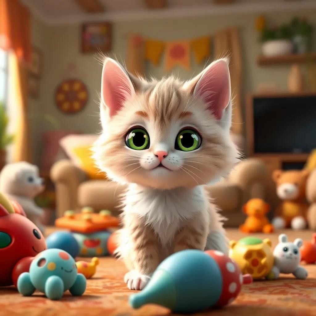A small fluffy cat named Lulu with bright green eyes, wearing hearing aids, playing in a cozy living room filled with colorful toys, digital art, warm lighting, cheerful colors, inviting atmosphere, high quality