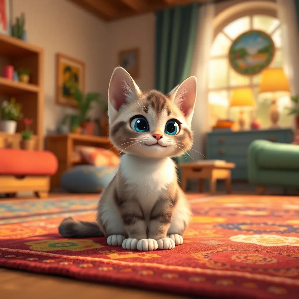 A cute little cat named Kati with soft fur and blue eyes, sitting on a colorful rug in a cozy living room, bright and cheerful atmosphere, digital art, warm colors, inviting perspective, high quality