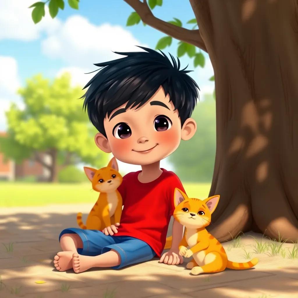 A small boy named Sami, with short black hair, wearing a bright red t-shirt and blue shorts, sitting under a tree with an orange cat, sunny day, cheerful atmosphere, digital art, colorful, inviting scene, high quality