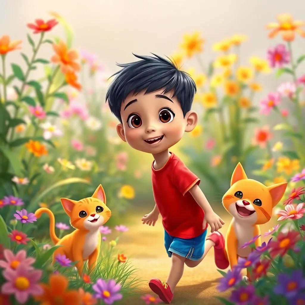 Sami, a small boy with short black hair in a bright red t-shirt and blue shorts, playing in a vibrant garden filled with colorful flowers alongside a joyful orange cat, lively and playful, illustration, warm light, dynamic scene, child-friendly