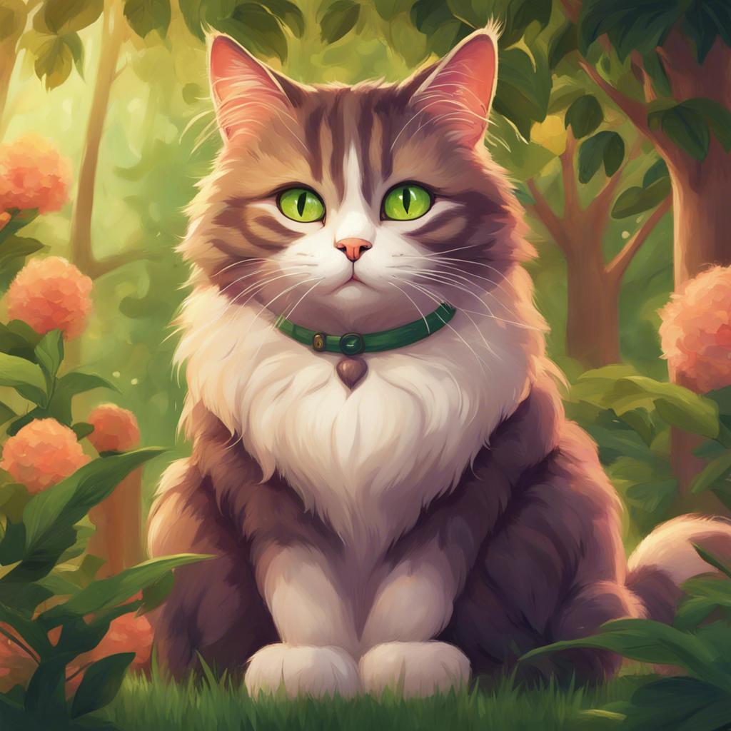 A beautiful cat named Mia, with fluffy fur and bright green eyes, sitting in a cozy garden near a tree, illustration, cheerful atmosphere, warm colors, high quality