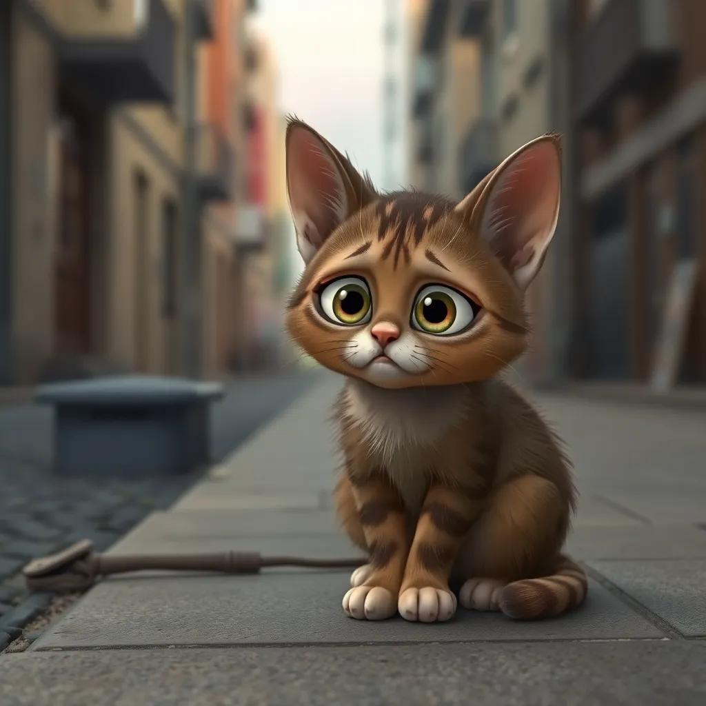 A sad stray cat, Mia, with dull fur and big eyes, sitting on a sidewalk looking hungry, a gloomy street background, soft light, gentle atmosphere, digital art, heartwarming, focus on the cat's expression
