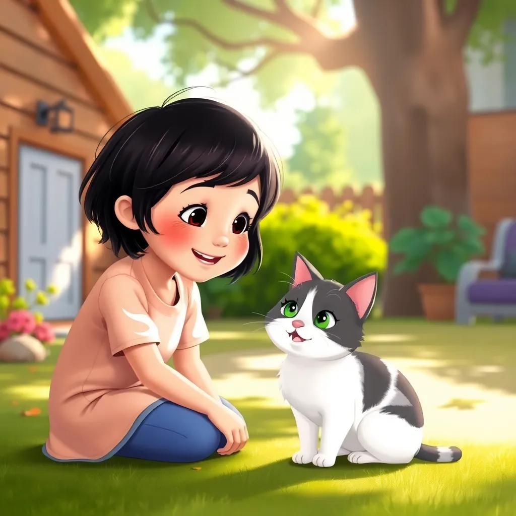 A kind little girl, Layla, with short dark hair and rosy cheeks, kneeling down to pet Mia the cat, with a joyful smile, sunlight filtering through trees, cheerful homeyard setting, illustration, vibrant colors, child-friendly