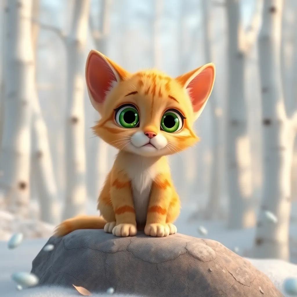 A sad cat named Toto, a small orange tabby cat with big green eyes, sitting on a rock in a white forest, looking surprised, digital art, soft colors, gentle light, friendly atmosphere, high quality
