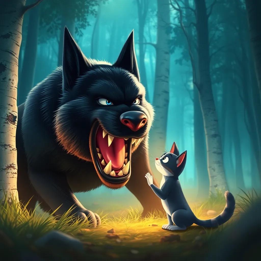 A fierce-looking dog, a large black dog with sharp teeth, barking at the small cat Toto in the white forest, digital painting, dramatic colors, intense light, dynamic composition, high quality