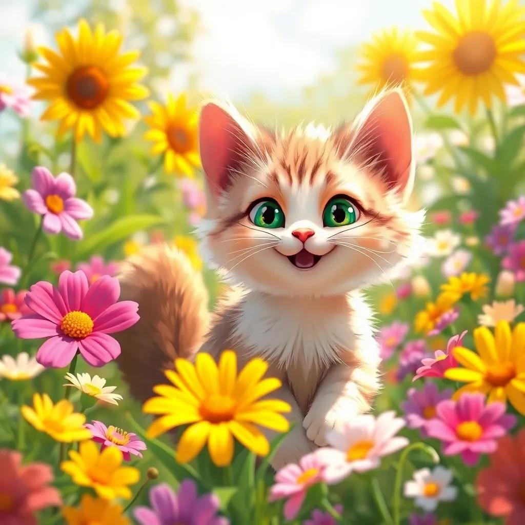 A cute cat, Lyna, with fluffy fur and bright green eyes, playing in a sunny garden filled with colorful flowers, cheerful atmosphere, digital art, vibrant colors, heartwarming scene, high quality