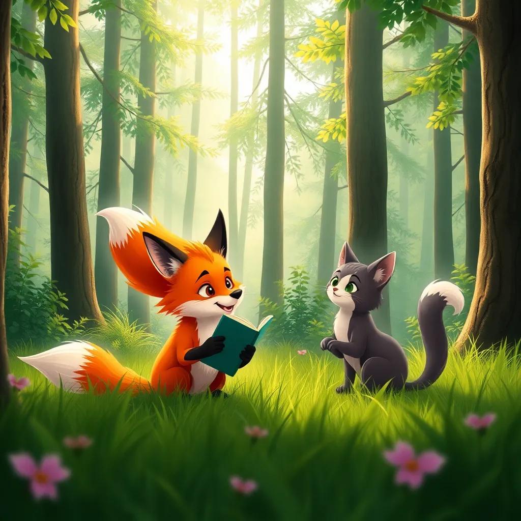 A clever fox, Fahd, with a bushy tail and bright orange fur, telling stories to Lyna the cat in the lush green forest, surrounded by tall trees and soft sunlight, illustration, enchanting, magical feel, child-friendly