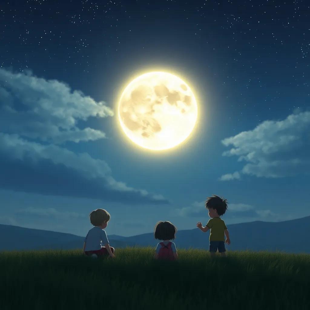 A bright moon named Courage with shining silver glow, watching over children playing at night, in a tranquil sky filled with twinkling stars, digital art, serene atmosphere, night sky