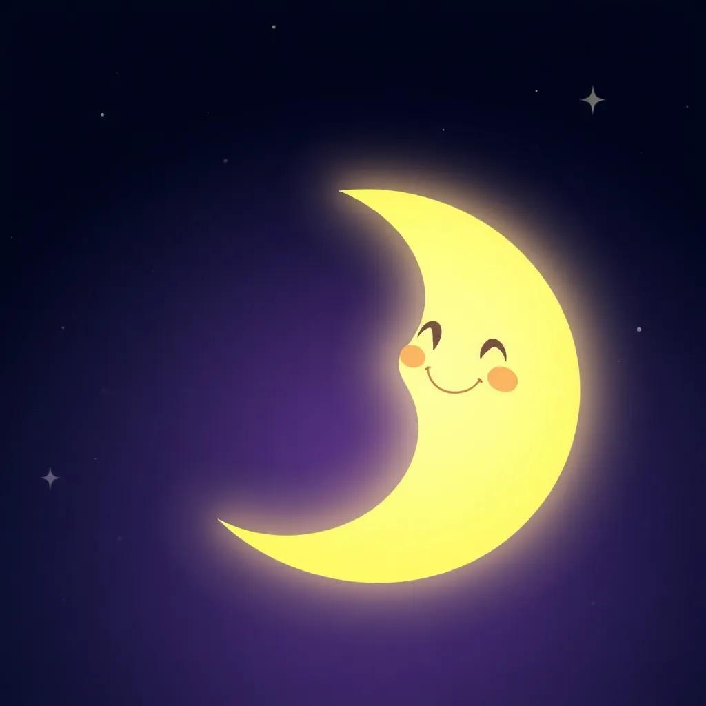 A glowing moon with a gentle smile shining brightly in a dark starry sky, surrounded by twinkling stars and a soft purple hue, illustration, calming colors, serene atmosphere, high quality