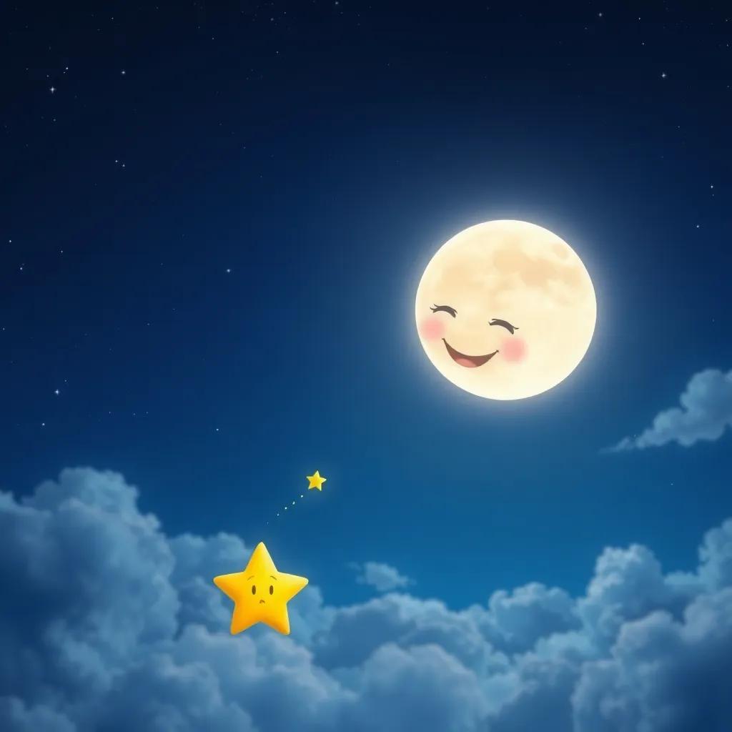 A beautiful moon in the night sky, shining brightly, smiling at a small sad star, with twinkling stars around, soft clouds in the background, digital art, cheerful atmosphere, high quality