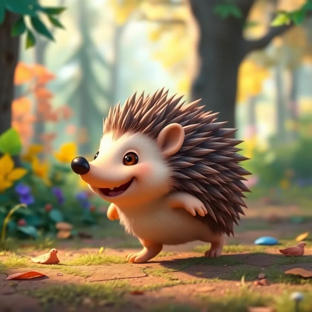 A cute hedgehog named Hani, with sharp quills on his back, walking happily in a colorful forest, digital art, vibrant colors, cheerful atmosphere, high quality