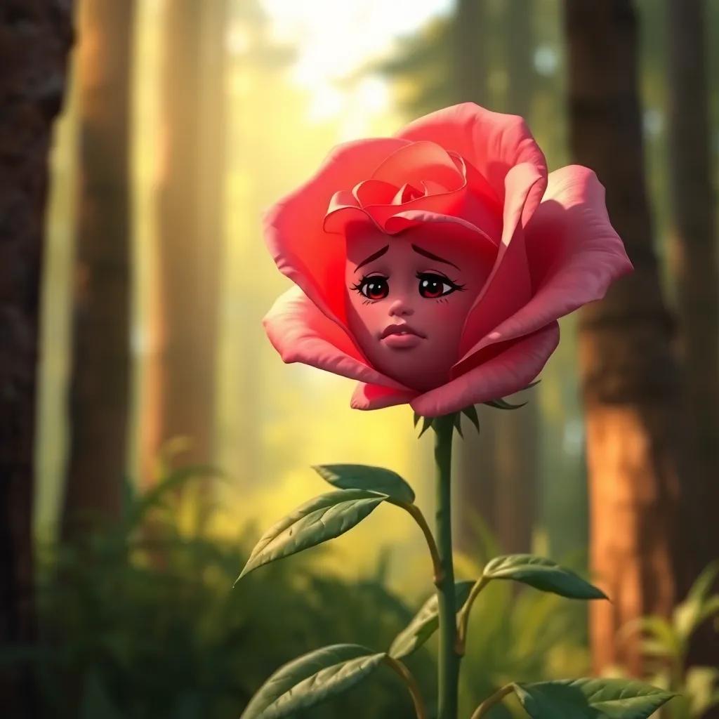 A beautiful rose with a sad expression, standing in a bright part of the forest, surrounded by greenery, digital painting, warm colors, soft lighting, high quality