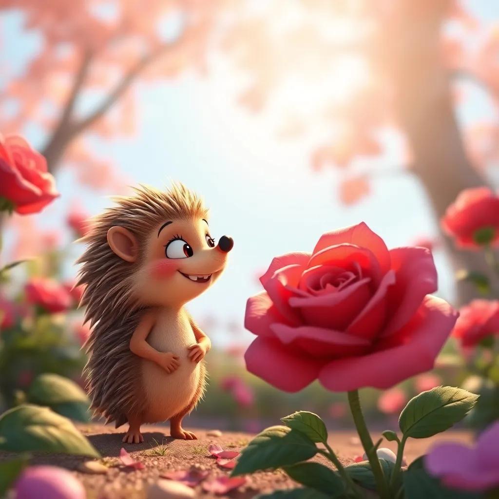 Hani the hedgehog talking to the rose, both smiling, in a friendly conversation under the sunlight, digital art, inviting colors, joyful perspective, high quality