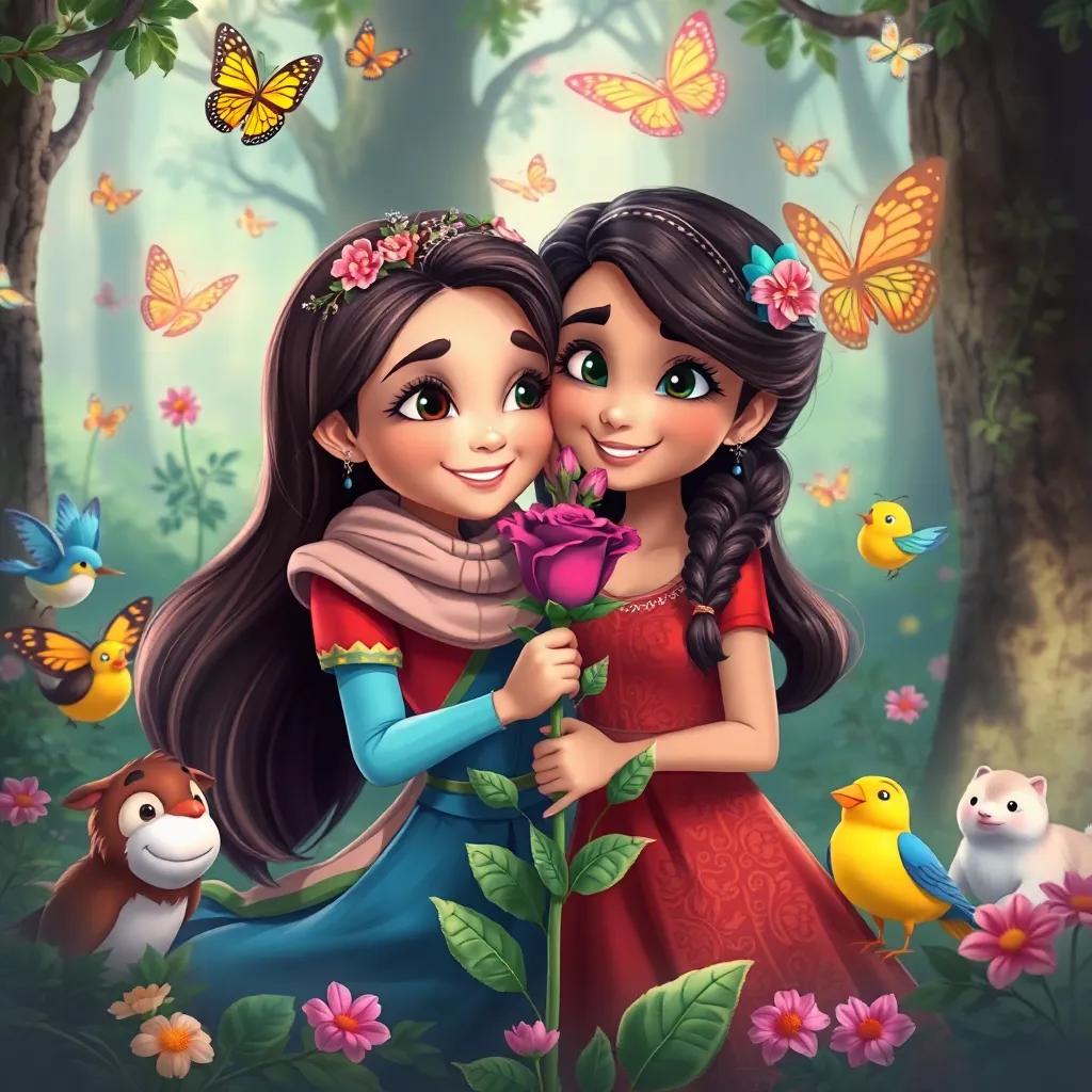 Hani and the rose together, surrounded by forest animals like butterflies and birds, celebrating their friendship, digital painting, colorful, happy mood, high quality