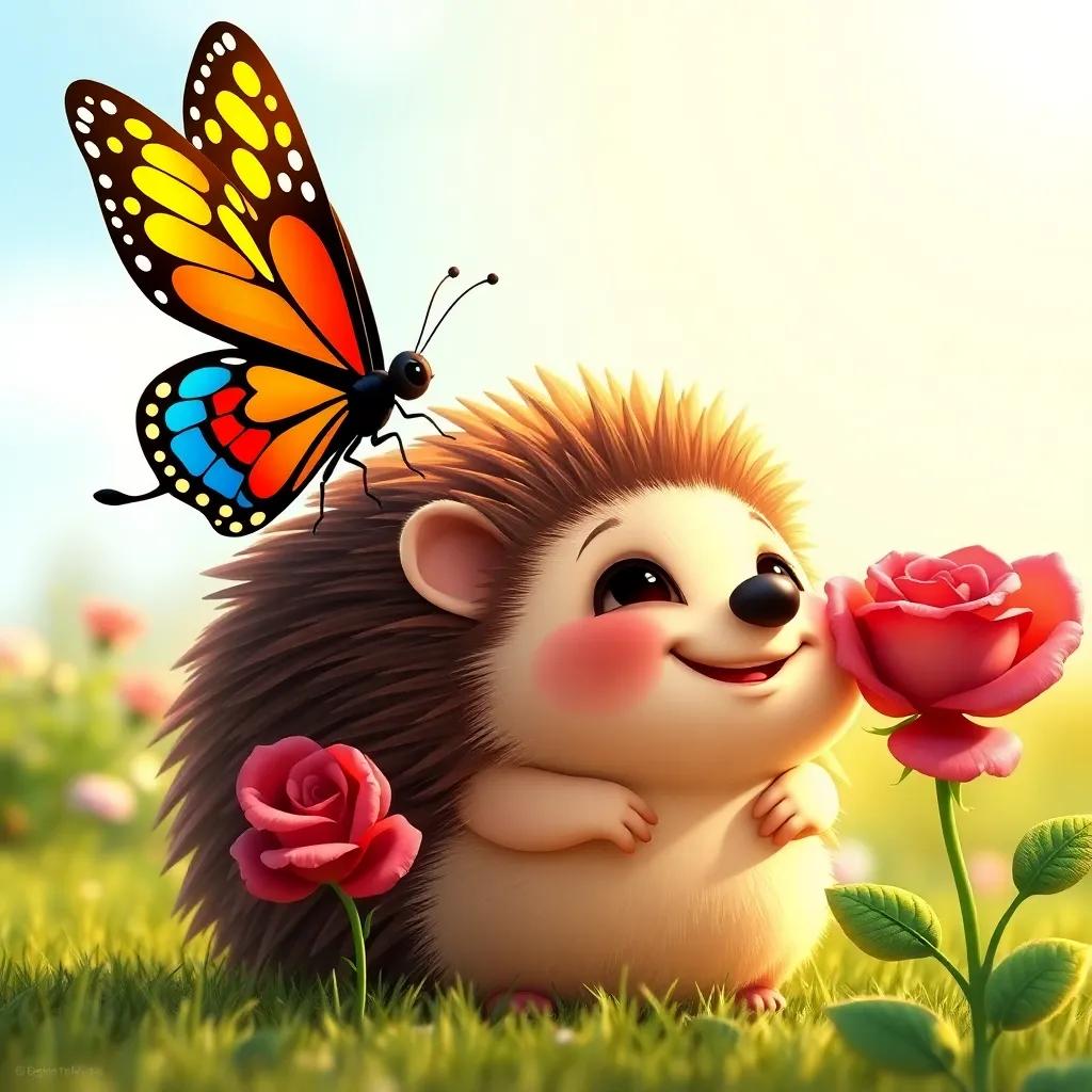 A colorful butterfly landing on Hani the hedgehog's back, with the rose nearby, all three smiling and enjoying the moment in the sun, digital art, bright and cheerful, high quality