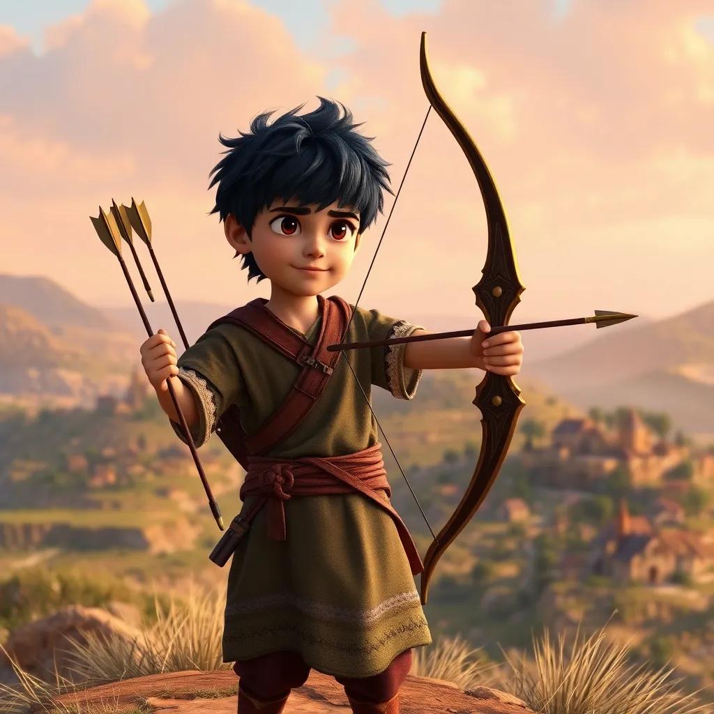 A brave young boy, Sami, with dark hair and wearing a traditional tunic, holding a beautifully crafted bow and sharp arrows, standing on a hilltop overlooking a quiet village, digital art, warm colors, heroic atmosphere, detailed background, high quality