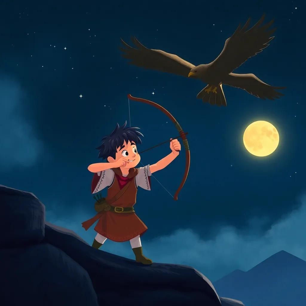 Sami, the brave boy with dark hair in a traditional tunic, aiming his bow at a fierce bird in the dark night sky, surrounded by stars and a glowing moon, illustration, tense but hopeful, child-friendly, dynamic scene