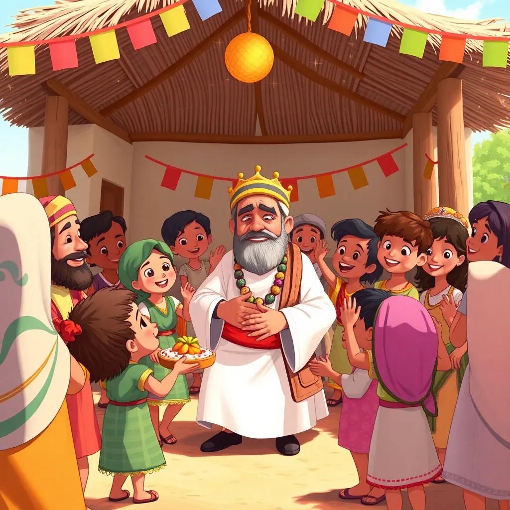 Sami being celebrated by villagers, with children dancing around him, offering food and gifts, under the warm sun with colorful decorations, illustration, cheerful, community spirit, highly detailed