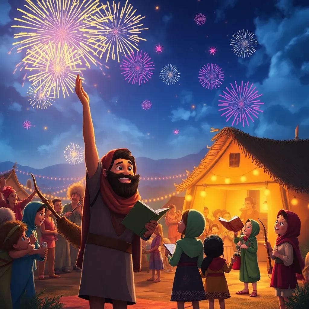 The village celebrating Sami's bravery with a festival, showcasing bows and arrows in the sky, with fireworks and laughter, children excitedly sharing stories, digital art, festive colors, uplifting imagery