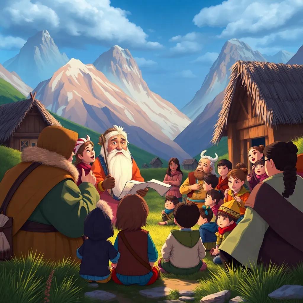 Other villages gathering to learn about Sami's courage, wise elders sharing tales, with captivated children and adults listening, surrounded by mountain scenery, illustration, vibrant, inspiring atmosphere