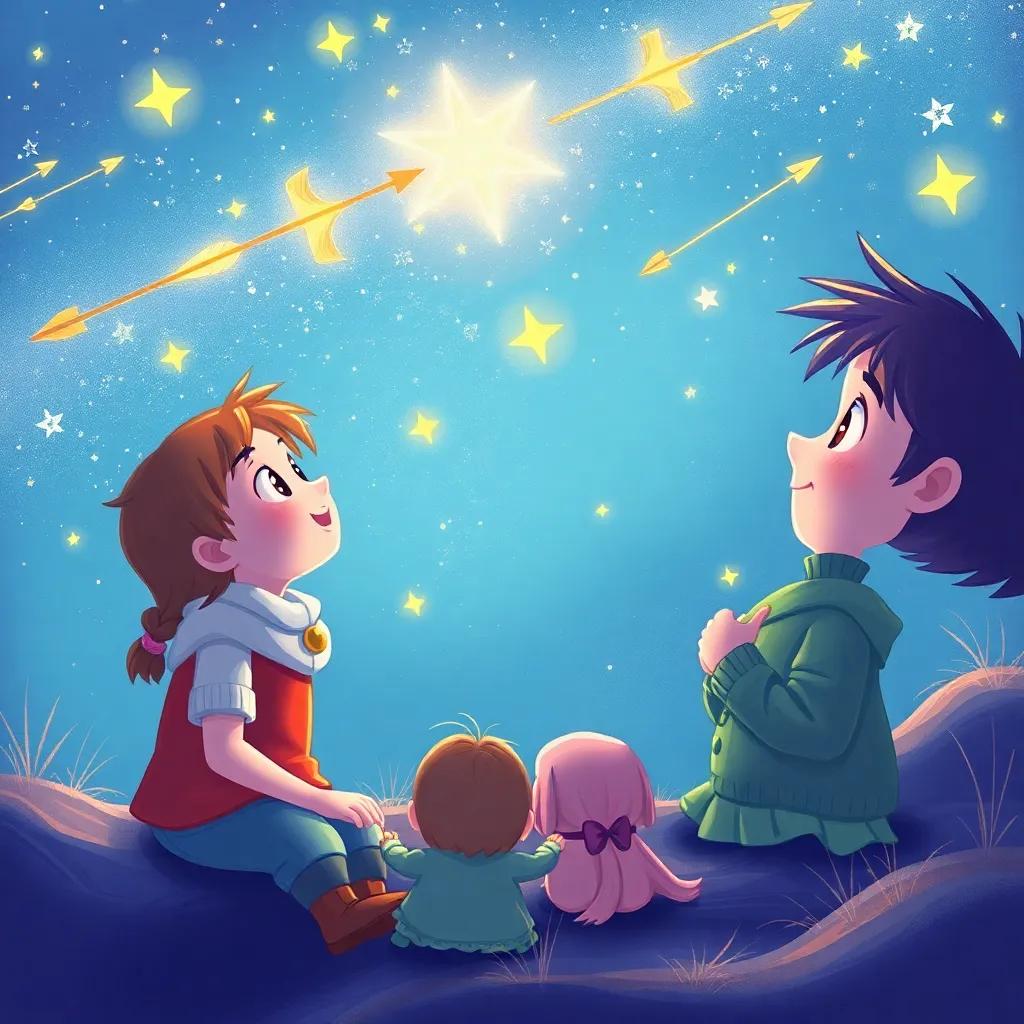 Children dreaming of becoming brave like Sami while looking at the stars, with illustrations of arrows and bows appearing in the sky, illustration, dreamy, whimsical, child-friendly