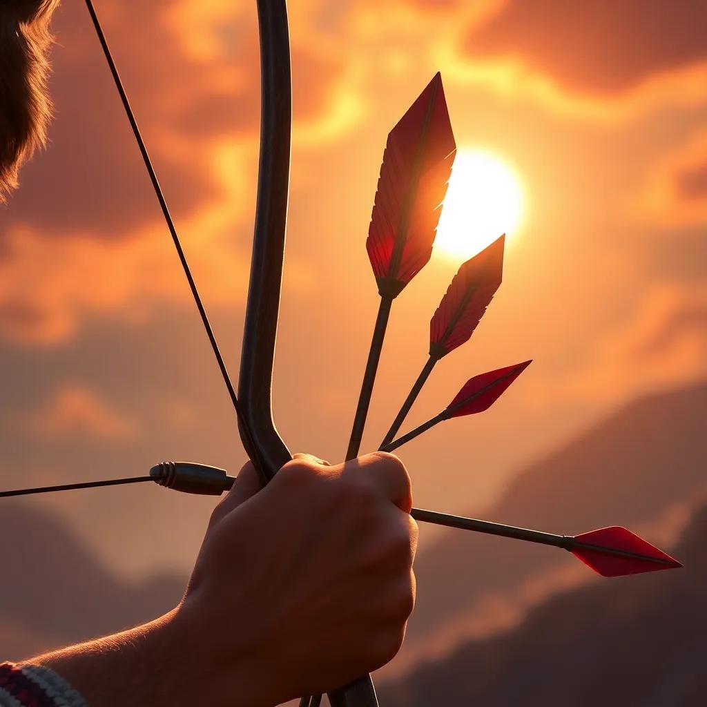 A close-up of Sami's bow and arrows, symbolizing courage and pride, under a radiant sunset, showcasing the beauty of bravery, digital painting, realistic, heartfelt